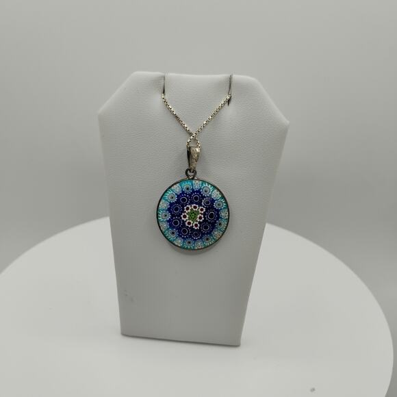 Italian Millefiori Glass Pendant in Sterling Silver on a 20-inch Box Chain - Picture 2 of 5
